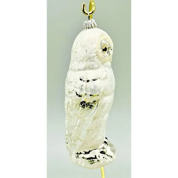 Snowy Owl Vintage Christmas Ornament West Germany Blown Glass White Silver 6 in - Picture 5 of 8